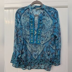 Soft Surroundings Chiffon Blouse Women's Sz XL Floral Beaded Embroidered Blue